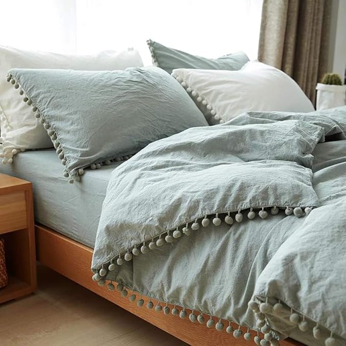 TanNicoor Pom Fringe Duvet Cover Set - 2 Piece Natural Ultra SOFE Color Washed Microfiber Bedding Set, Modern Style Down Comforter Quilt Cover with Zipper Closure(Full, Green)
