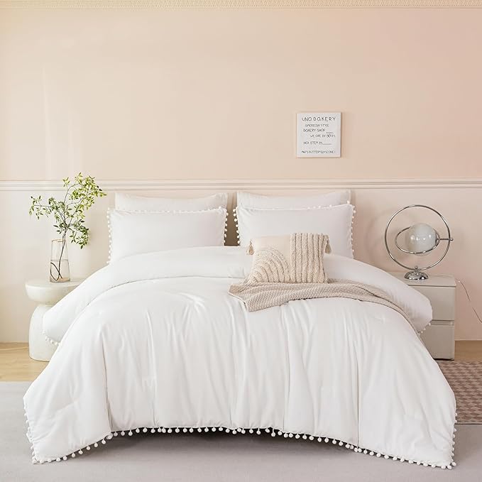 PERFEMET 5 Pcs Ivory Comforter Sets Full Size Pom Pom Fringe Solid Bedding Set with Sheets Soft Lightweight White Kids Bed in A Bag for Girls Boys(Ivory, Full)