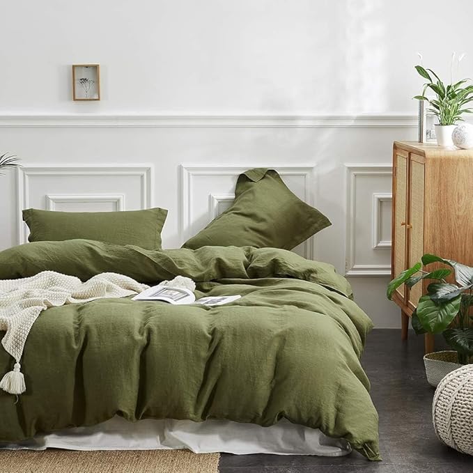 Simple&Opulence 100% Linen Duvet Cover Set, 3 PCS Natural French Flax Olive Green Duvet Cover Queen Size, Breathable Soft Comfy Linen Bedding Comforter Cover with 2 Pillowcases(Olive Green, 88"x92")