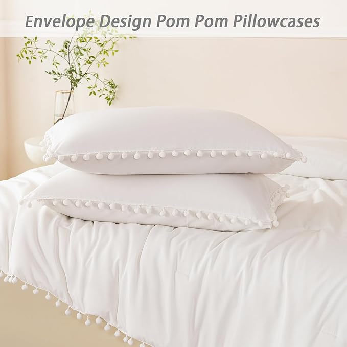 PERFEMET 5 Pcs Ivory Comforter Sets Twin Size Pom Pom Fringe Solid Bedding Set with Sheets Soft Lightweight White Kids Bed in A Bag for Girls Boys(Ivory, Twin)