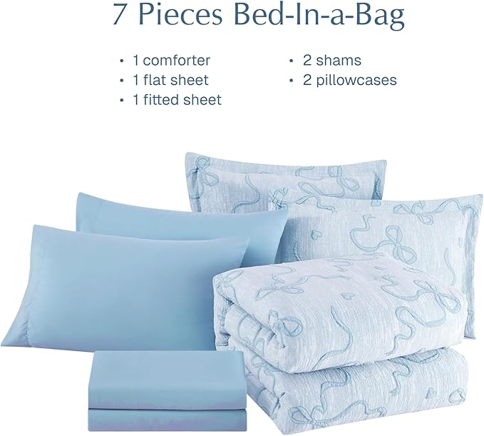 Geniospin Light Blue Queen Comforter Set for Girls- 7 Pieces Bowknot Jacquard Bed in A Bag Queen Bedding Sets with Sheets, Pillowcases & Shams, All Season Kids Comforter Set