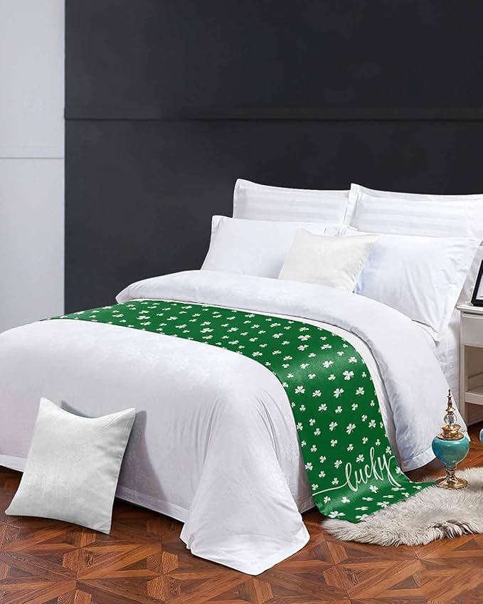 St Patrick's Day Lucky Leaves Bed Runners for Bedroom Hotel,Decorative Bedding Scarf White Shamrock on Green Bed End Blanket Bedding Runner Scarves for King Size Bed,102x20in