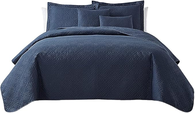 Hearth & Harbor Quilts Queen Size - All Season Bedspread Coverlet Set, Pinsonic Weave Lightweight Bedding Set - 5 Piece Queen Quilt Set with Pillow Shams, Diamond - Navy