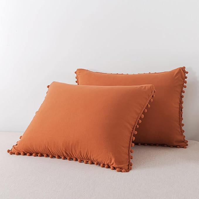 TanNicoor Pom Fringe Duvet Cover Set - 3 Piece Natural Ultra SOFE Color Washed Microfiber Bedding Set, Modern Style Down Comforter Quilt Cover with Zipper Closure(Full, Terracotta)