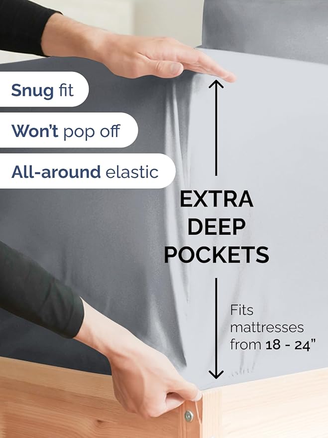 Extra Deep Split King Sheet Set - 7 Piece Breathable and Cooling Sheets - Hotel Luxury Bedding for Women, Men, Kids & Teens - Easy Secure Fit - Soft & Wrinkle Free - Extra Deep Pockets - Steel Blue