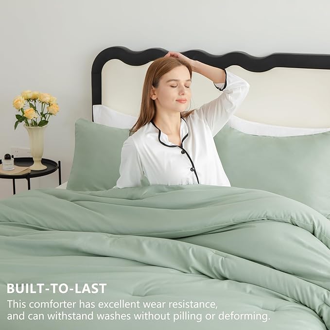 CozyLux Sage Green Full Size Comforter Set, 3 Pieces Solid Breathable Quilted Bedding Sets, Luxury Fluffy Soft Bed Set with Down Alternative Comforter for All Season (1 Comforter & 2 Pillowcases)