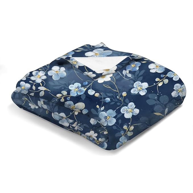 Wonderful Flowers Baby Blankets for Boy Girl Navy White Wild Flowers Leaves Receiving Swaddle Blankets Boho Spring Garden Soft Flannel Newborn Toddler Nursery Crib Bed Blankets Playmat 50x60