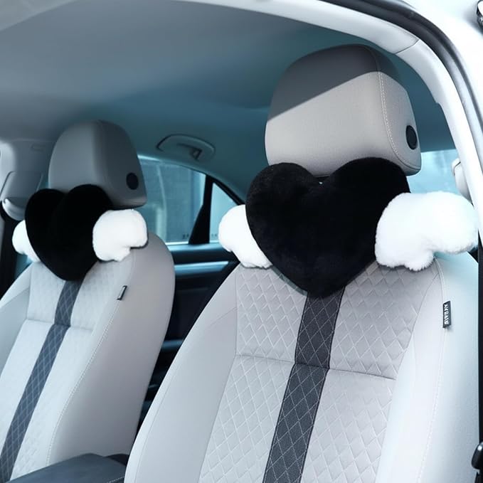 Macarrie 2 Pcs Plush Heart Shaped Pillow with Angel Wings Car Headrest Soft Comfortable Seat Pillow for Driving Travelling Room Office Car Decor, 19.7 x 8.3 Inch(Black)