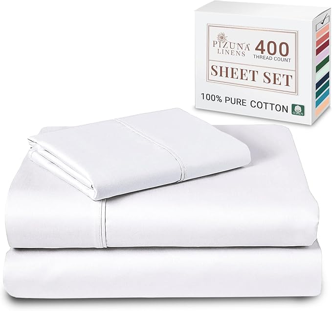 Pizuna Cotton Twin Xl Sheets Set White, 400 Thread Count 100% Long Staple Combed Sateen Cooling Sheets Cotton, 15 Inch Deep Pocket Twin Xl Sheet (White Bedding CottonSheet)