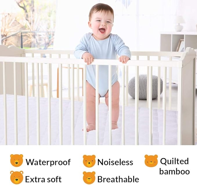 Crib Mattress Protector 100% Waterproof, Noiseless – Viscose Made from Quilted Ultra Soft White Terry Fitted Sheet Style (28"x49")