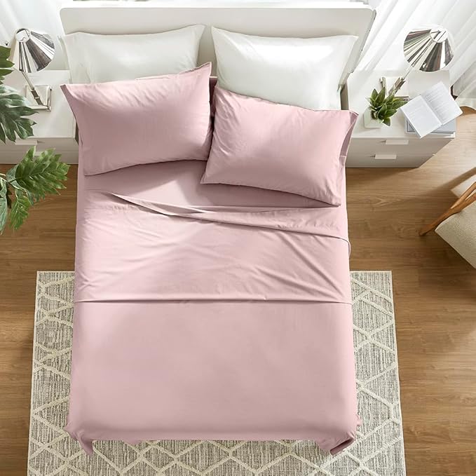 Comfort Spaces 100% Cotton Sheets Cal King, Breathable & Soft Cotton Sheets, Naturally Cool Cotton Bed Sheets with 14" Elastic Pocket Fits up to 16" Mattress, All Seasons Sheet Set, Pink 4 Piece