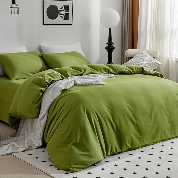 JELLYMONI Christams Duvet Cover Queen Size - 100% Washed Cotton Linen Like Textured Comforter Cover, 3 Pieces Breathable Soft Bedding Set with Zipper Closure (Avocado Green, Queen 90"x90")