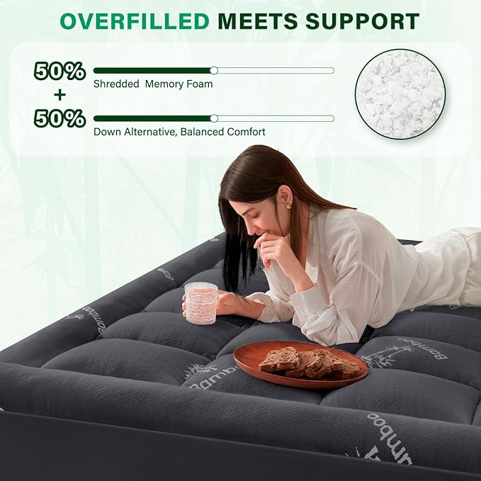Anluoer Memory Foam Mattress Topper Queen for Back Pain, Rayon Derived from Bamboo Pillow Top Mattress Topper for Hot Sleepers,Cooling Mattress Pad with 8-21" Deep Pocket, 60x80 Inches, Dark Grey