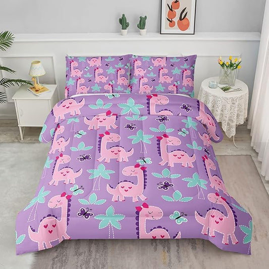 Axolotl Purple Dinosaur Comforter Set King Size,Cute Dinosaur Girls Bedding,Cartoon Dinosaurs Bedding Set for Girls Teens,Kawaii Dino Animal Kids Comforter for Boys Adults,1 Quilt 2 Pillow Cases