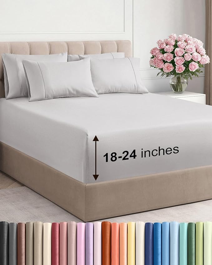 Extra Deep Full Sheet Set - 6 Piece Breathable and Cooling Sheets - Hotel Luxury Bedding for Women, Men, Kids & Teens - Easy Secure Fit - Soft, Wrinkle Free & Comfy - Extra Deep Pockets - French Grey