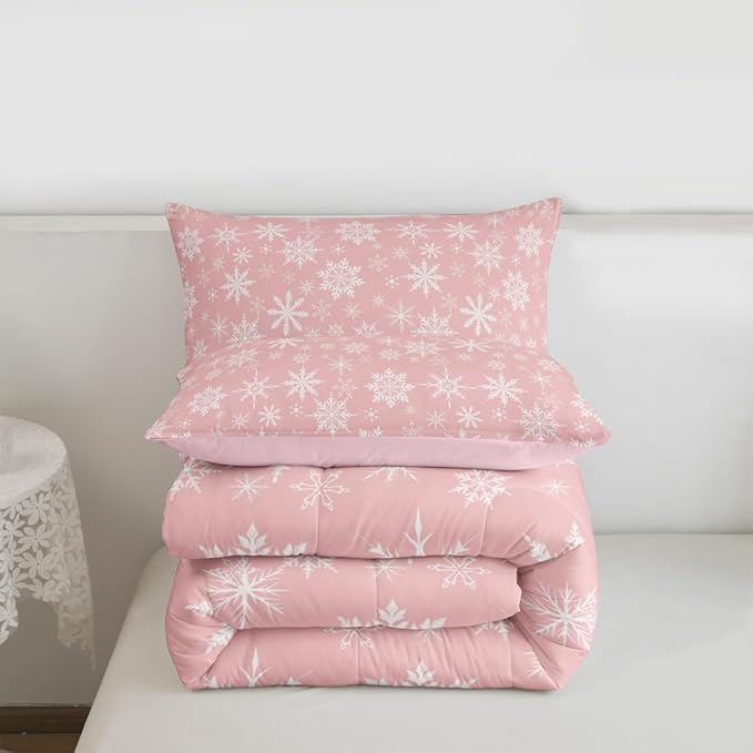 Erosebridal Pink Christmas Comforter Set Full Size Girly Romantic Snowflake Duvet Insert Princess Winter Quilt Girls Modern Style Bedding Set Bedroom Decor Pink Floral Bedding Set & 2 Pillowcases