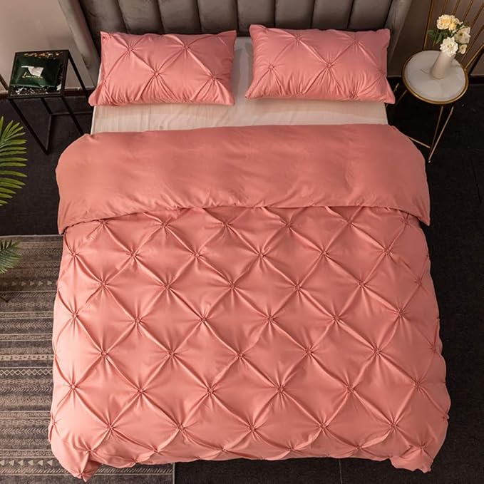 Feelyou Pinch Pleated Bedding Set Pintuck Comforter Cover Twin with Zipper Closure Luxurious Pintuck Tufted Duvet Cover for Kids Girls Solid Pink Microfiber Bedspread Cover with 1 Pillow Shams Cute