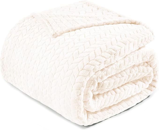 Exclusivo Mezcla Fleece Queen Size Blanket for Bed, 90x90 Inches Soft Cozy Jacquard Flannel Blankets, Lightweight Fuzzy Plush Warm for Women, Off White