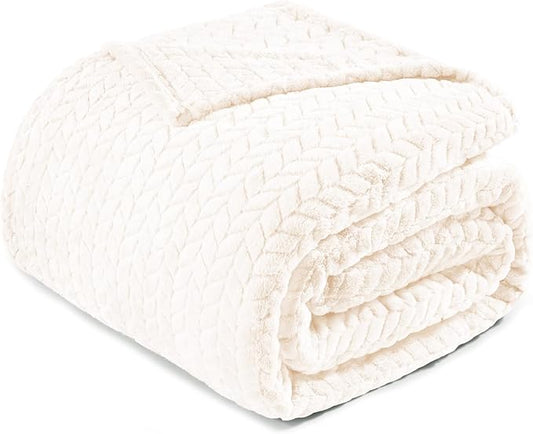 Exclusivo Mezcla Fleece Queen Size Blanket for Bed, 90x90 Inches Soft Cozy Jacquard Flannel Blankets, Lightweight Fuzzy Plush Warm for Women, Off White