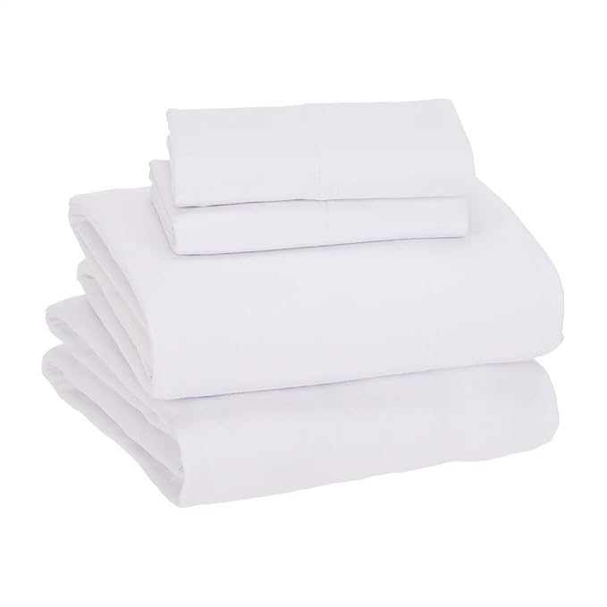 Amazon Basics 4 Piece Bed Sheet Set,100% Cotton Jersey,Includes Super Soft,Flat and Fitted Sheets,Pillowcase,King,White,Solid,(Pack of 4)