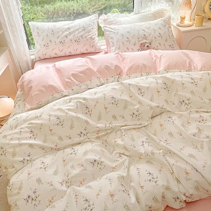 Nayoroom Floral Duvet Cover Full Size Girls Pink White Botanical Flower Coquette Bedding Set 3 Pieces Soft Breathable Garden Cottagecore Aesthetic Comforter Cover with Pillow Shams