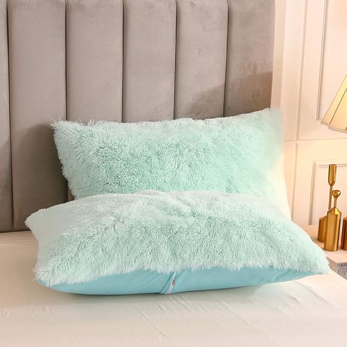Uhamho Faux Fur Velvet Fluffy Bedding Duvet Cover Set Down Comforter Quilt Cover with Pillow Shams, Ultra Soft Warm (King, Aqua)