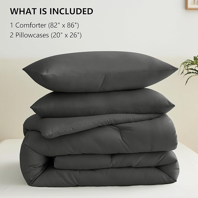 CozyLux Comforter Full Size Set Dark Grey, 3 Pieces Solid Dark Gray Soft Bed Set for All Season, Luxury Breathable Quilted Style Microfiber Down Alternative Bedding Sets (1 Comforter & 2 Pillowcases)