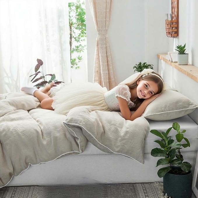 Simple&Opulence 100% Washed Linen Duvet Cover with Pom Pom Trim, Natural French Flax Bedding Set Soft Breathable,1 Farmhouse Boho Comforter Cover and 2 Pillow Shams(King,Natural Linen)