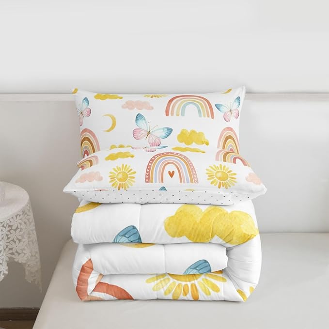 Rainbow Comforter Set Full Size, Girls Butterfly Bedding Sets, Cartoon Rainbow Quilt Sets, Colorful Sun Clouds Comforters, Iridescent Print Down Comforter, Geometric Stripes Soft Lightweight Bedding