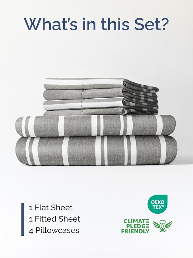 Extra Deep Cal King Sheet Set - 6 Piece Breathable and Cooling Sheets - Hotel Luxury Bedding for Women, Men, Kids & Teens - Easy Secure Fit - Soft & Wrinkle Free - Extra Deep Pockets - Grey Stripes