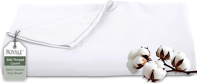 Royale Linens 300 Thread Count 100% Long Staple Combed Cotton Flat Sheet - Super Soft - Top Sheets - California King Flat Sheet Sold Separately - Breathable, Cool & Crisp Sheets Only (Cal King, White)