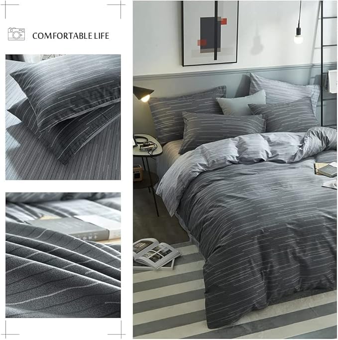 Grey Stripe Duvet Cover King Cotton Bedding Sets Geometric Stripe Comforter Cover Modern Style Masculine Bedding Sets for Men Boy Teen Luxury Soft Stripe Bedding Duvet Cover King Size