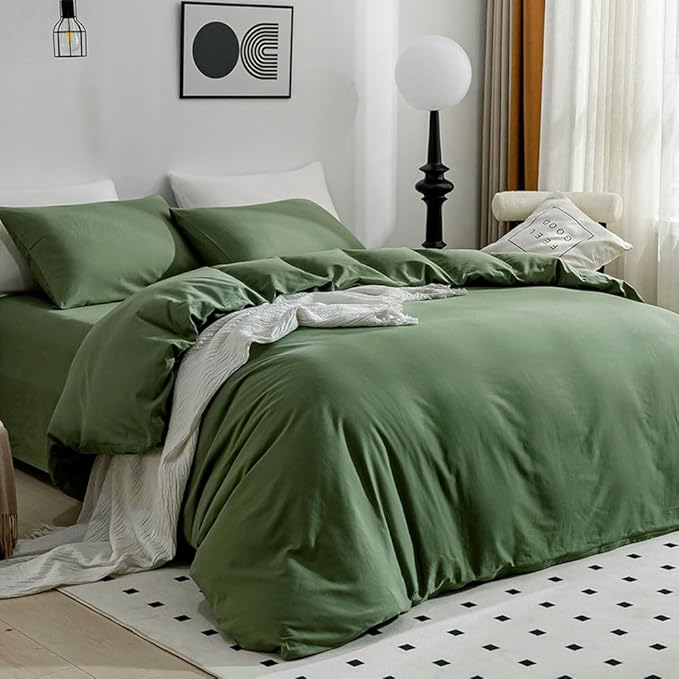 JELLYMONI Green Duvet Cover Twin Size - 100% Washed Cotton Linen Feel Textured Comforter Cover, 2 Pieces Breathable Soft Bedding Set with Zipper Closure (Green, Twin 68"x90")