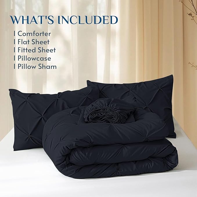 JOLLYVOGUE Twin Comforter Set 5 Pieces - Bed in a Bag Twin for All Season, Pintuck Bedding Comforter Sets with Comforter, Flat Sheet, Fitted Sheet and Pillowcases & Shams, Black