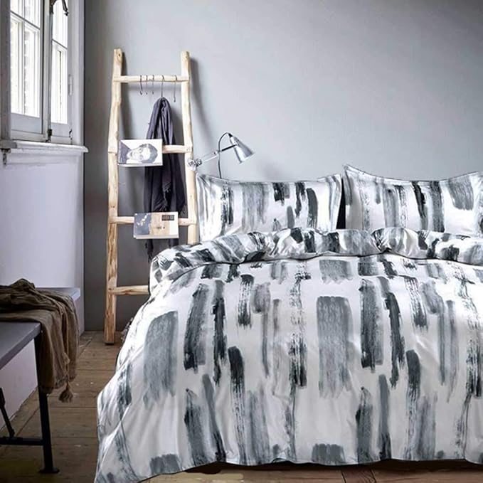 Nanko Art Duvet Cover Set King, 3 Piece 90 X 90 - Luxury Microfiber Down Comforter Quilt Cover with Zipper Closure, Ties - Best Modern Style for Men and Women, Black and White Gray Grey