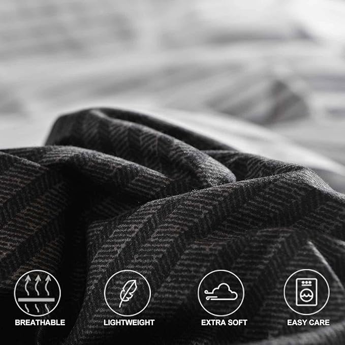 Faincy 7 Pcs Queen Size Comforter Set with Sheets, Black and Grey Patchwork Striped Pattern Printed Alternative Bed Sets - 90 x 90 Soft Microfiber Modern Bedding in a Bag for Women Men, Gray