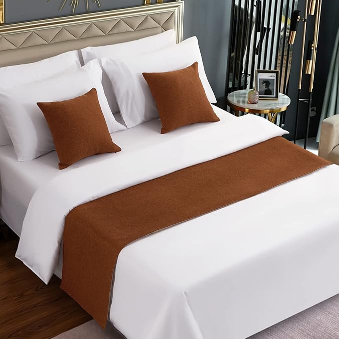 AMBERIS Bed Runner Brown, Imitation Linen Decorative Bed Scarf for Home Hotel (Pillowcases Sold Separately)