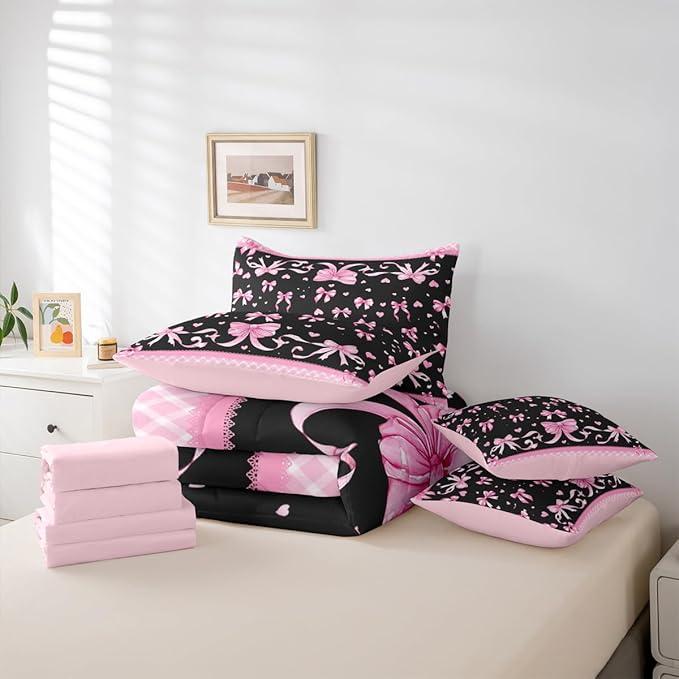 Feelyou Pink Bowknot Comforter Set Queen Size 7 Pieces Dreamy Princess Bedding Set for Kids Boys Girls Cute Bow Bed in a Bag with Comforter, Sheets, Pillowcases, Cushion Covers Love Hearts Quilted
