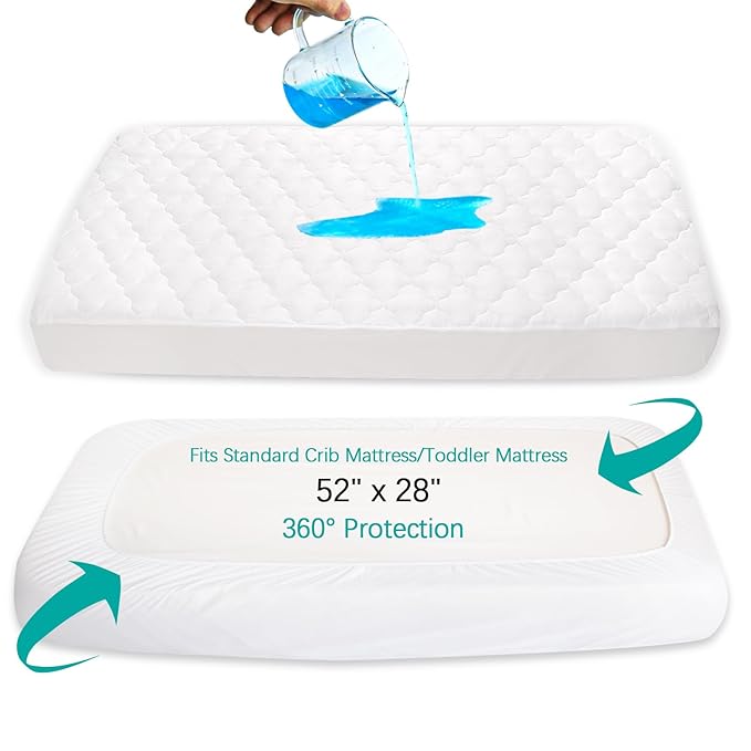Crib Mattress Protector Sheets Fitted Waterproof Mattress Pad Cover, Noiseless & Machine Wash 100% Absorbent Mattress Protector Sheet Quilted White, 52" x 28", 2 Pack