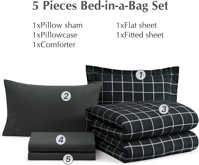 Plaid Twin XL Comforter Set Black, Reversible Checkered Bedding Set 5 Pieces for Boys Girls Teen, Lightweight Bed in a Bag for Dorm with Sheets, Pillowcase & Sham