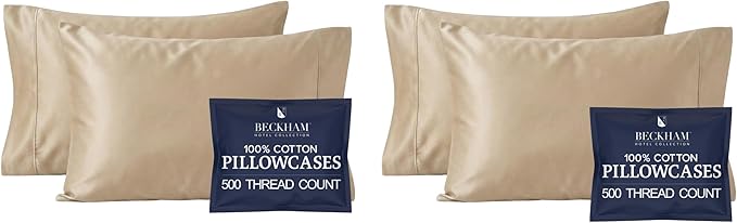 Beckham Hotel Collection Cotton Pillowcases Standard/Queen, 500TC, Sateen Finish, Open End, Breathable, Moisture-Wicking, Sand (4 Pieces)