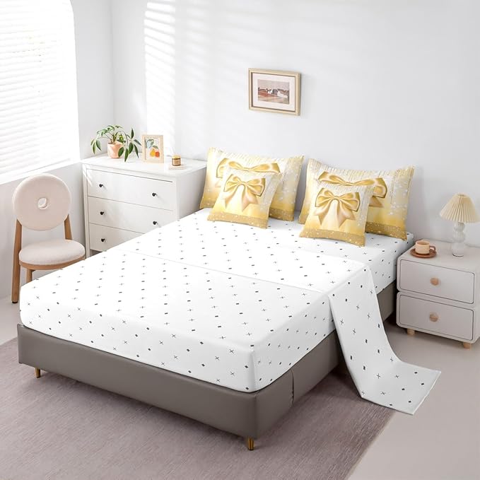 Feelyou Bowknot Comforter Set with Sheets 7 Piece Queen Size Dreamy Princess Bed in a Bag Kids Boys Girls Glitter Bedding Set Cute Bow Bedroom Decor Breathable Soft Lightweight Microfiber