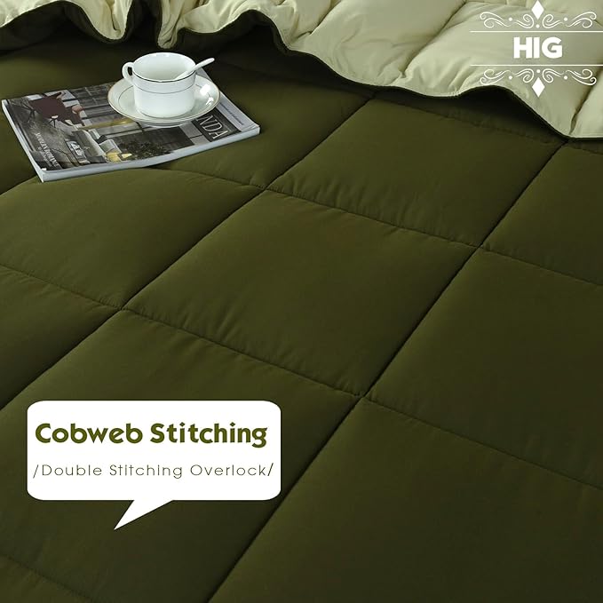 HIG 3pc Olive Green King Size Comforter Set - All Season Reversible Down Alternative Comforter with Two Shams - Quilted Duvet Insert with Corner Tabs - Box Stitched - Breathable, Soft, Fluffy