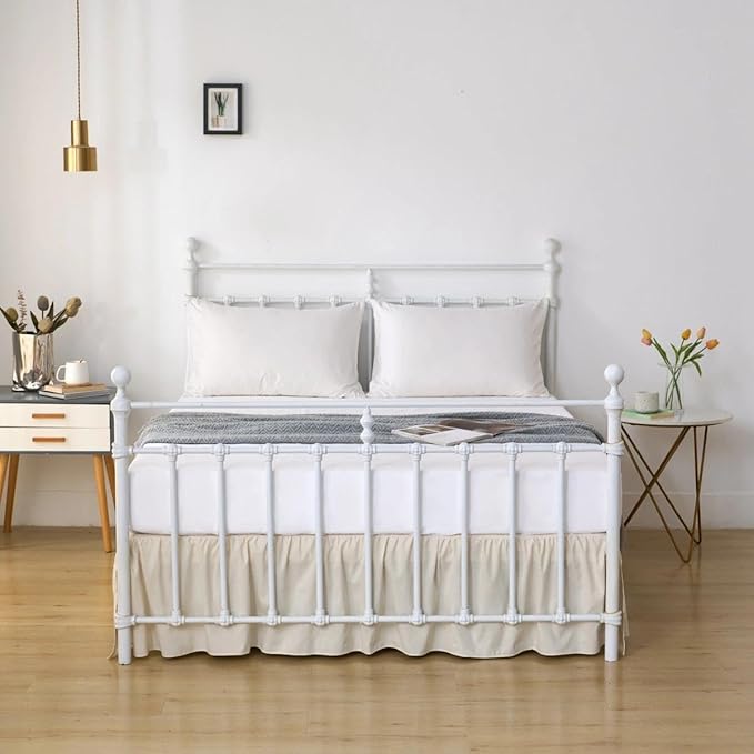 Bed Skirt Queen Size Ruffled Bed Skirt with Split Corners, 12 Inch Drop Dust Ruffle Bed Skirts with Platform, Cream, Queen- 12" Drop