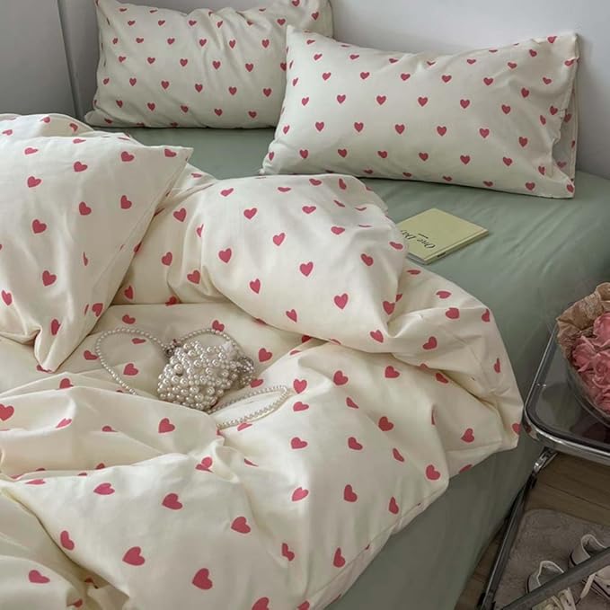Nayoroom Heart Duvet Cover Twin Size Kawaii Pink Heart Printed on Cream White Bedding Set 2Pcs Kids Girls Cute Heart-Shaped Pattern Comforter Cover with Zipper Closure Soft Breathable Microfiber