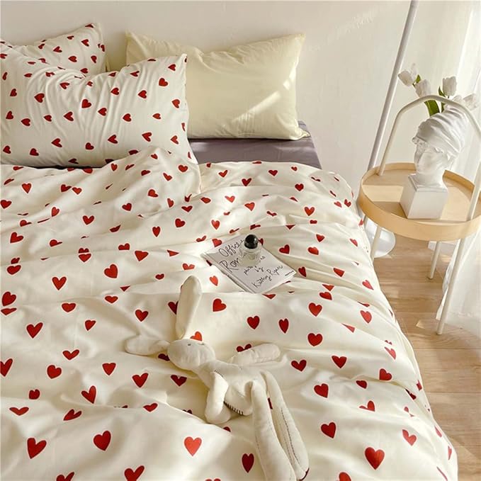 Nayoroom Heart Duvet Cover Twin Size Cute Red Love Heart Printed on White Bedding Set 2Pcs Kids Girls Kawaii Heart-Shaped Pattern Comforter Cover with Zipper Closure Soft Breathable Microfiber