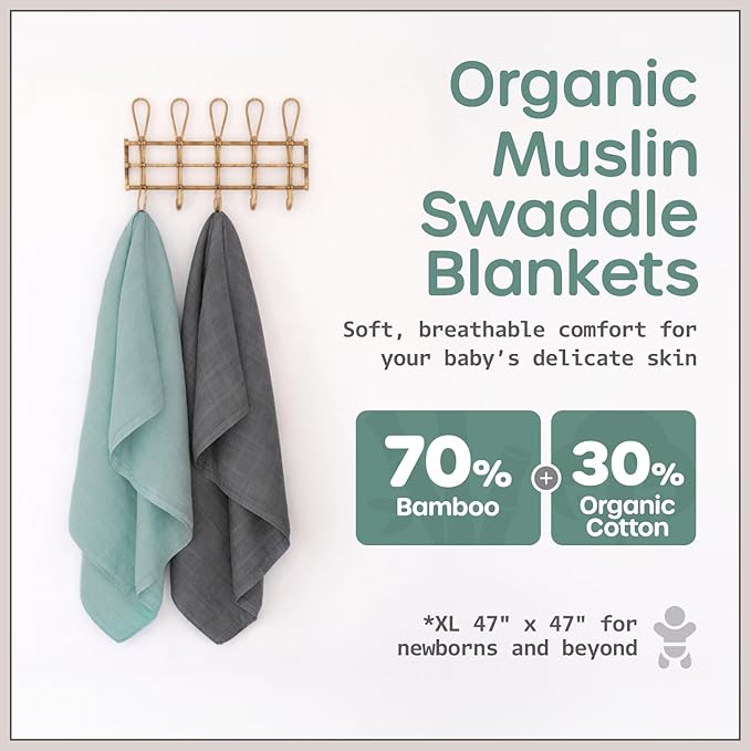 Organic Baby Muslin Swaddle Blankets - Solid Grey and Blue Swaddle Blanket 2 Pack - Soft Organic Cotton and Natural Bamboo Muslin, XLarge and Breathable, 47" X 47"