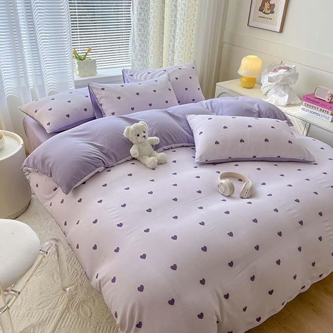 Nayoroom Purple Heart Duvet Cover Queen Size Cute Hearts Coquette Bedding Set Kids Girls Heart-Shaped Comforter Cover with Zipper Closure Soft Breathable Microfiber