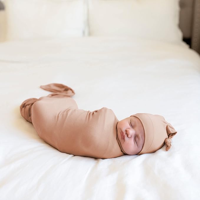 Large Jersey Knitted Swaddle Blanket for Baby, Soft Stretchy Receiving Blanket for Newborns with Hat, Baby Nursery Swaddle 47 x 47 inches(Muted Fawn)