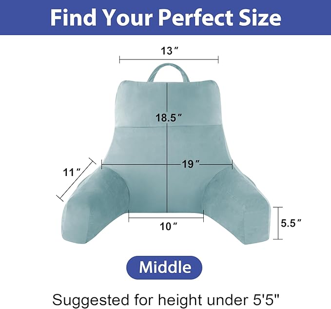 Back Pillow for Bed Sitting up, Reading Pillow for Sitting in Bed Adult, Back Support Pillow, Memory Foam Sit up Lounge Backrest Pillow with Arms for TV, Couch, Chair, Dorm, 18 Inch, Lake Blue